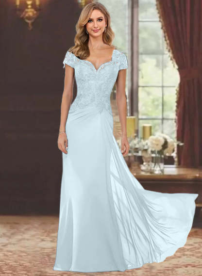 Sweetheart Short-Sleeve Floor-Length Sheath Mother of the Bride Dress with Lace Appliques & Sequins