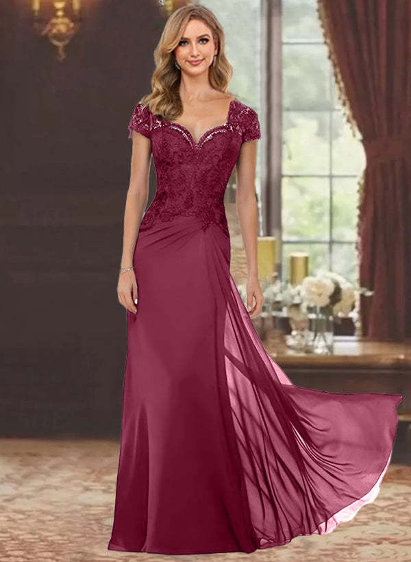 Sweetheart Short-Sleeve Floor-Length Sheath Mother of the Bride Dress with Lace Appliques & Sequins