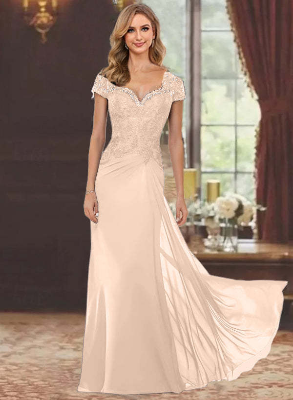 Sweetheart Short-Sleeve Floor-Length Sheath Mother of the Bride Dress with Lace Appliques & Sequins