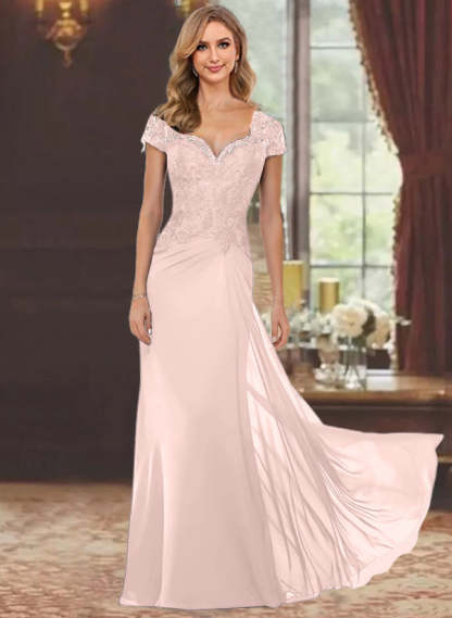 Sweetheart Short-Sleeve Floor-Length Sheath Mother of the Bride Dress with Lace Appliques & Sequins