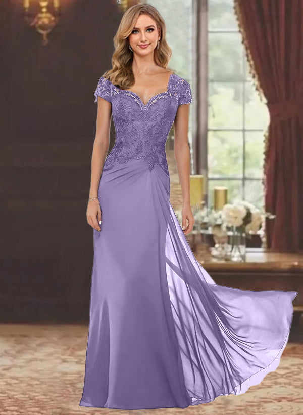Sweetheart Short-Sleeve Floor-Length Sheath Mother of the Bride Dress with Lace Appliques & Sequins