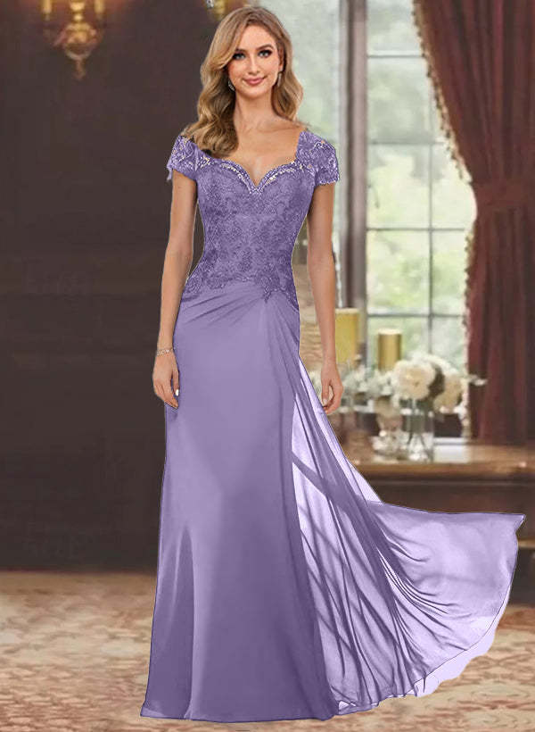 Sweetheart Short-Sleeve Floor-Length Sheath Mother of the Bride Dress with Lace Appliques & Sequins