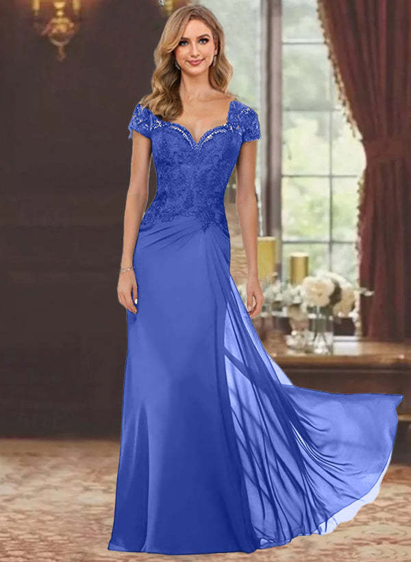Sweetheart Short-Sleeve Floor-Length Sheath Mother of the Bride Dress with Lace Appliques & Sequins