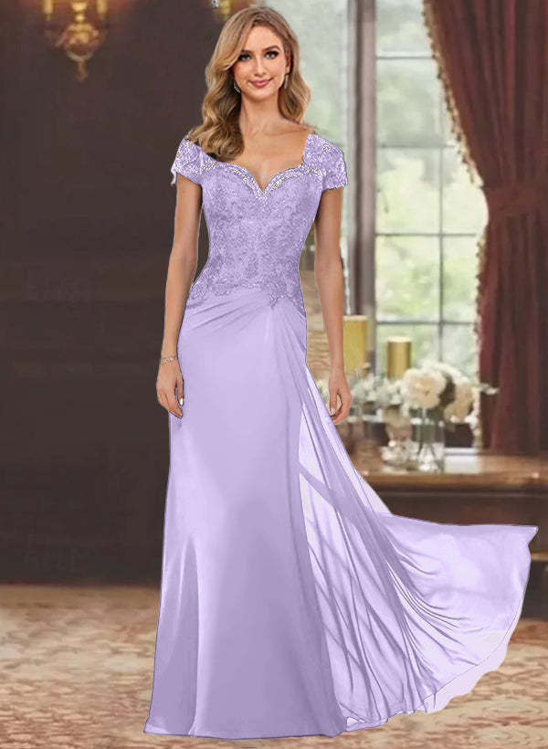 Sweetheart Short-Sleeve Floor-Length Sheath Mother of the Bride Dress with Lace Appliques & Sequins