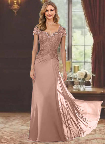 Sweetheart Short-Sleeve Floor-Length Sheath Mother of the Bride Dress with Lace Appliques & Sequins