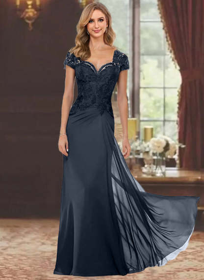 Sweetheart Short-Sleeve Floor-Length Sheath Mother of the Bride Dress with Lace Appliques & Sequins