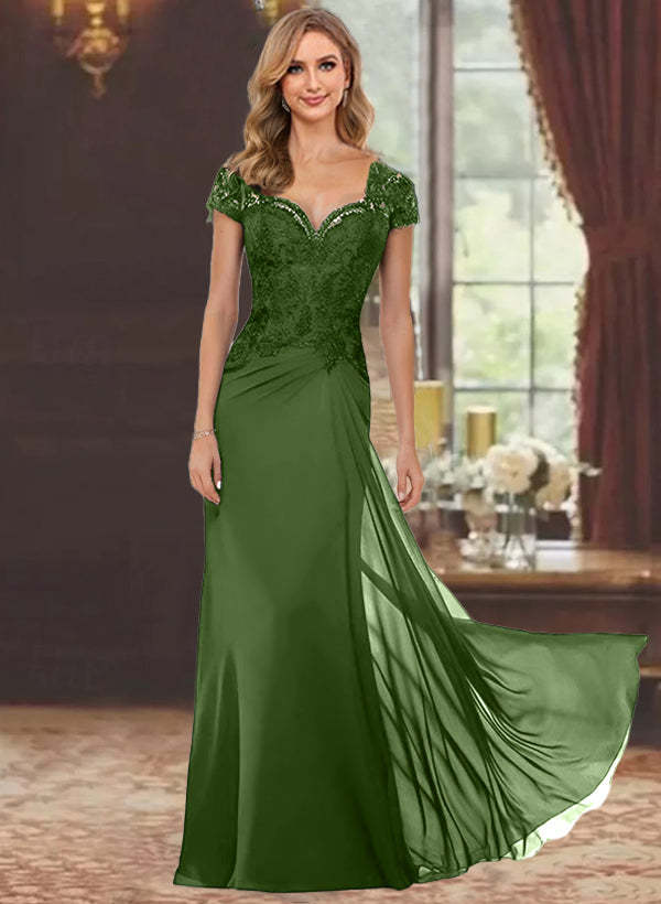 Sweetheart Short-Sleeve Floor-Length Sheath Mother of the Bride Dress with Lace Appliques & Sequins