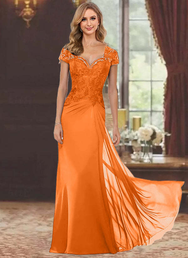 Sweetheart Short-Sleeve Floor-Length Sheath Mother of the Bride Dress with Lace Appliques & Sequins