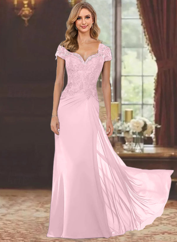 Sweetheart Short-Sleeve Floor-Length Sheath Mother of the Bride Dress with Lace Appliques & Sequins