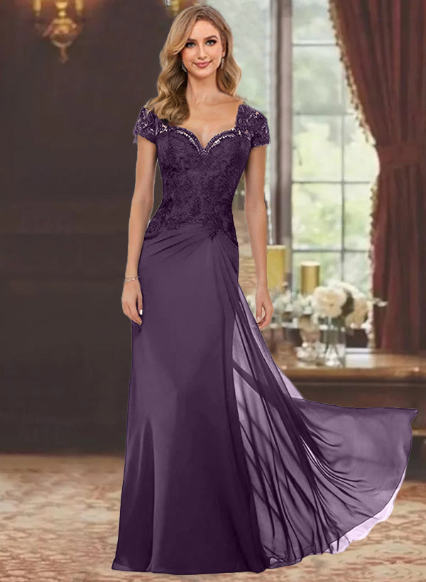 Sweetheart Short-Sleeve Floor-Length Sheath Mother of the Bride Dress with Lace Appliques & Sequins