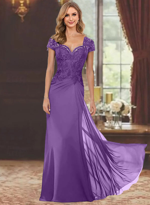 Sweetheart Short-Sleeve Floor-Length Sheath Mother of the Bride Dress with Lace Appliques & Sequins