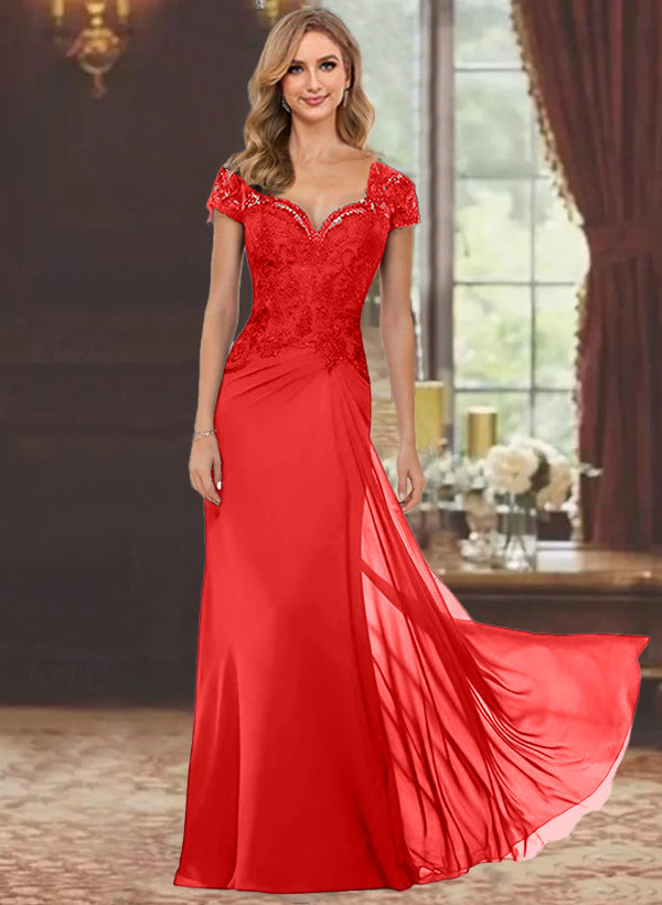Sweetheart Short-Sleeve Floor-Length Sheath Mother of the Bride Dress with Lace Appliques & Sequins