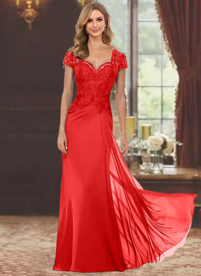 Sweetheart Short-Sleeve Floor-Length Sheath Mother of the Bride Dress with Lace Appliques & Sequins
