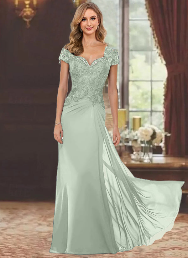Sweetheart Short-Sleeve Floor-Length Sheath Mother of the Bride Dress with Lace Appliques & Sequins