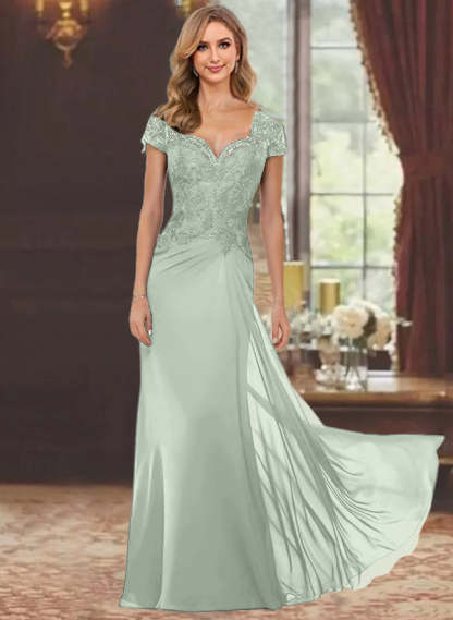 Sweetheart Short-Sleeve Floor-Length Sheath Mother of the Bride Dress with Lace Appliques & Sequins