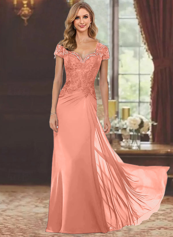 Sweetheart Short-Sleeve Floor-Length Sheath Mother of the Bride Dress with Lace Appliques & Sequins