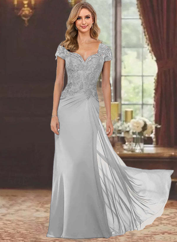 Sweetheart Short-Sleeve Floor-Length Sheath Mother of the Bride Dress with Lace Appliques & Sequins