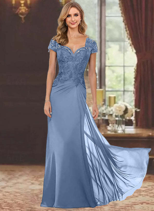 Sweetheart Short-Sleeve Floor-Length Sheath Mother of the Bride Dress with Lace Appliques & Sequins