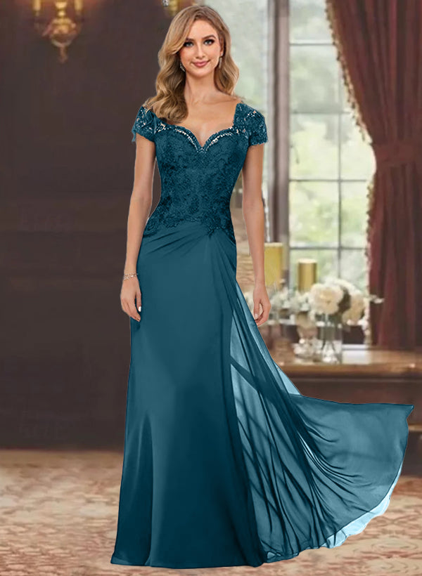 Sweetheart Short-Sleeve Floor-Length Sheath Mother of the Bride Dress with Lace Appliques & Sequins
