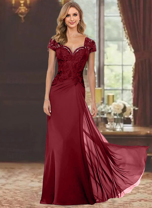 Sweetheart Short-Sleeve Floor-Length Sheath Mother of the Bride Dress with Lace Appliques & Sequins