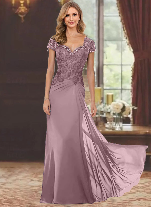 Sweetheart Short-Sleeve Floor-Length Sheath Mother of the Bride Dress with Lace Appliques & Sequins