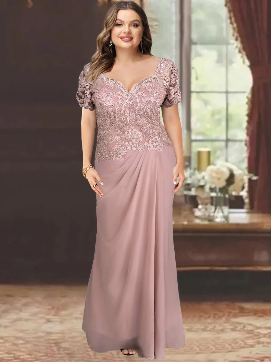 Sweetheart Short-Sleeve Floor-Length Sheath Mother of the Bride Dress with Lace Appliques & Sequins