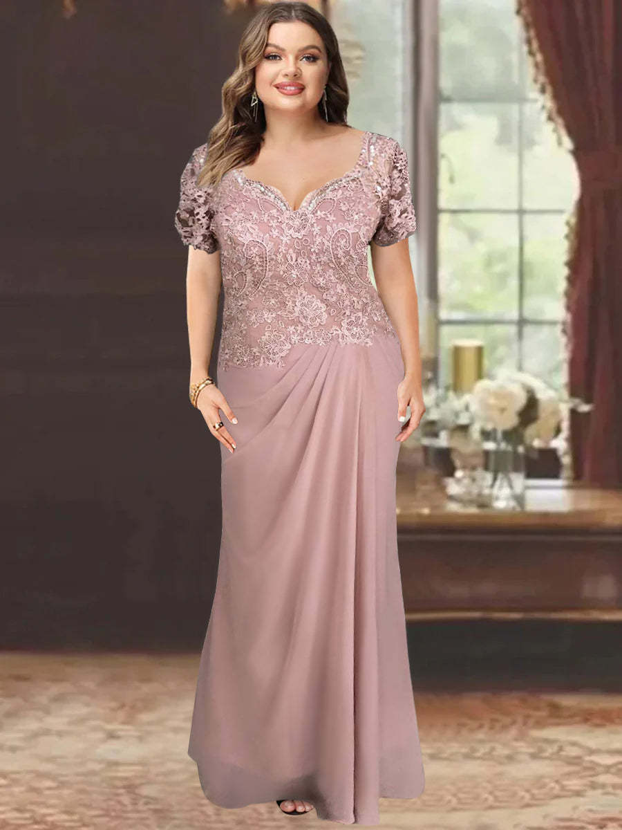 Sweetheart Short-Sleeve Floor-Length Sheath Mother of the Bride Dress with Lace Appliques & Sequins