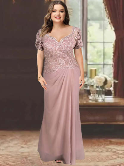 Sweetheart Short-Sleeve Floor-Length Sheath Mother of the Bride Dress with Lace Appliques & Sequins