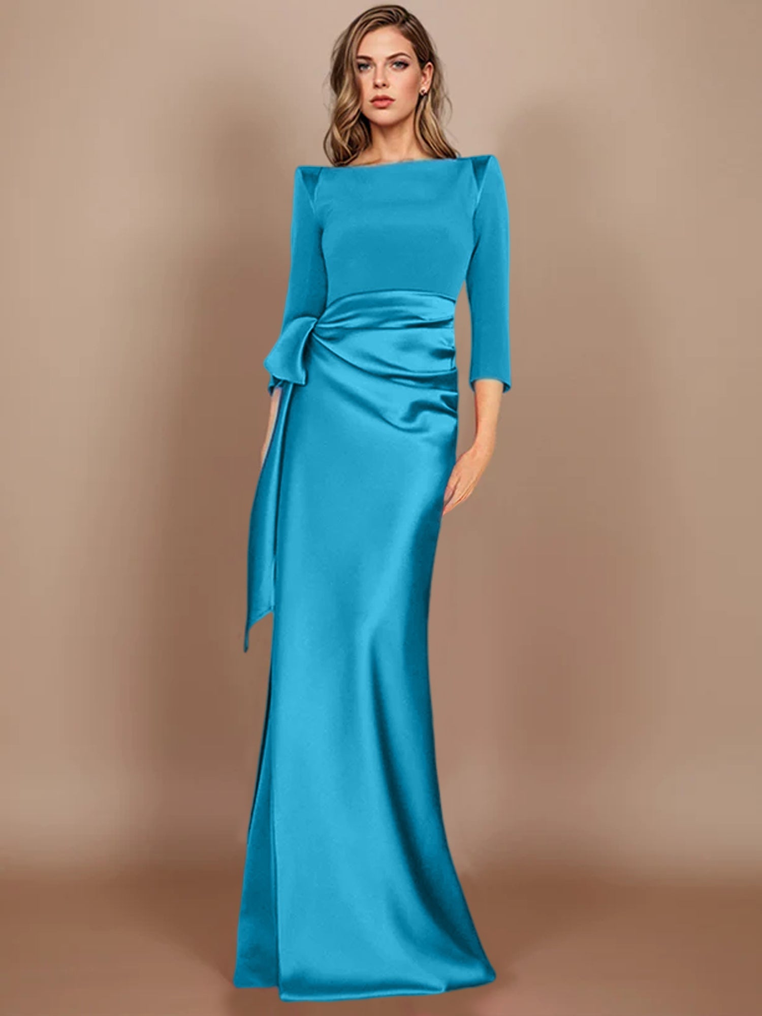 Floor-Length Mother of the Bride Dress with Bow and 3/4 Sleeves