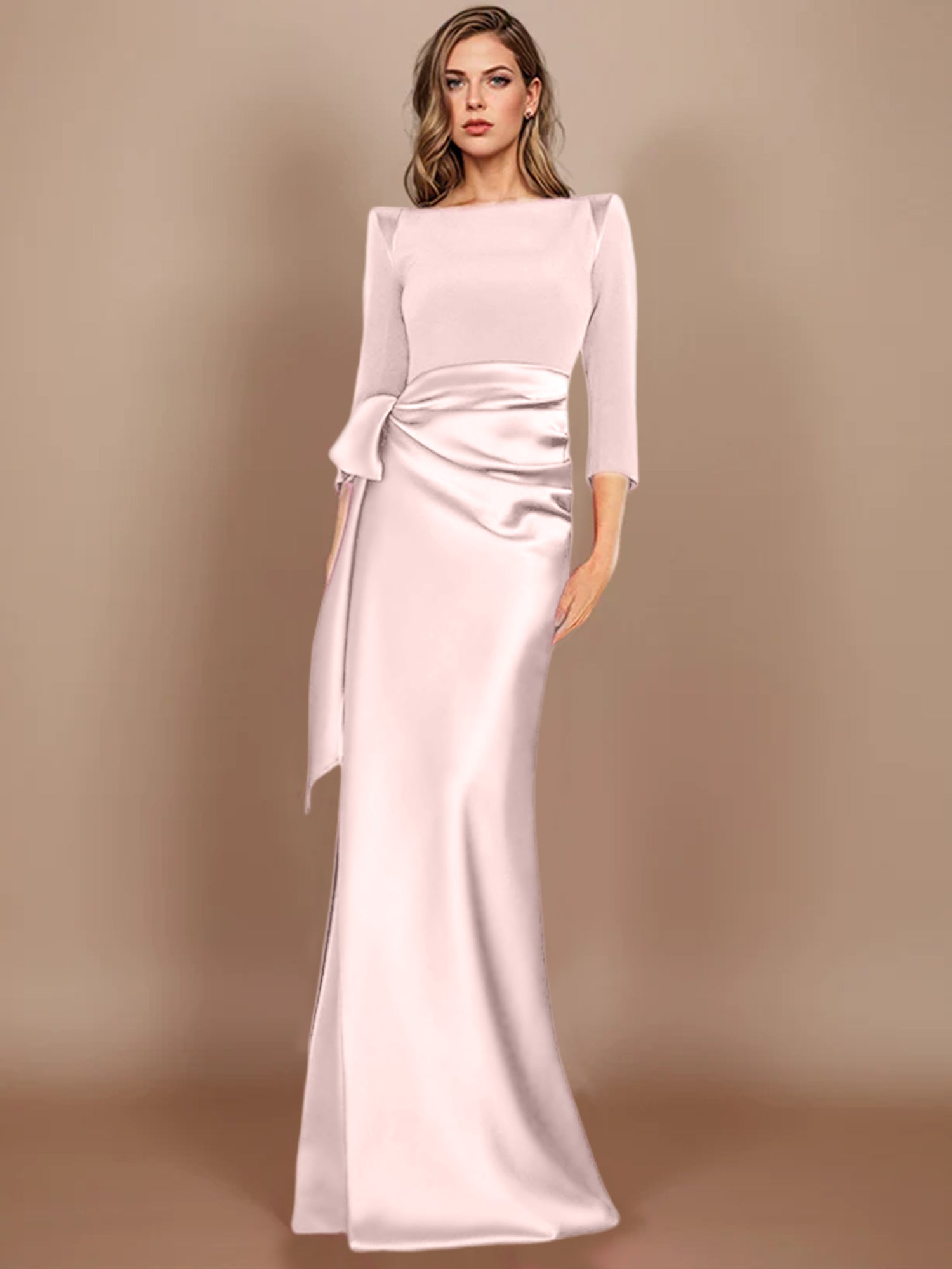 Floor-Length Mother of the Bride Dress with Bow and 3/4 Sleeves