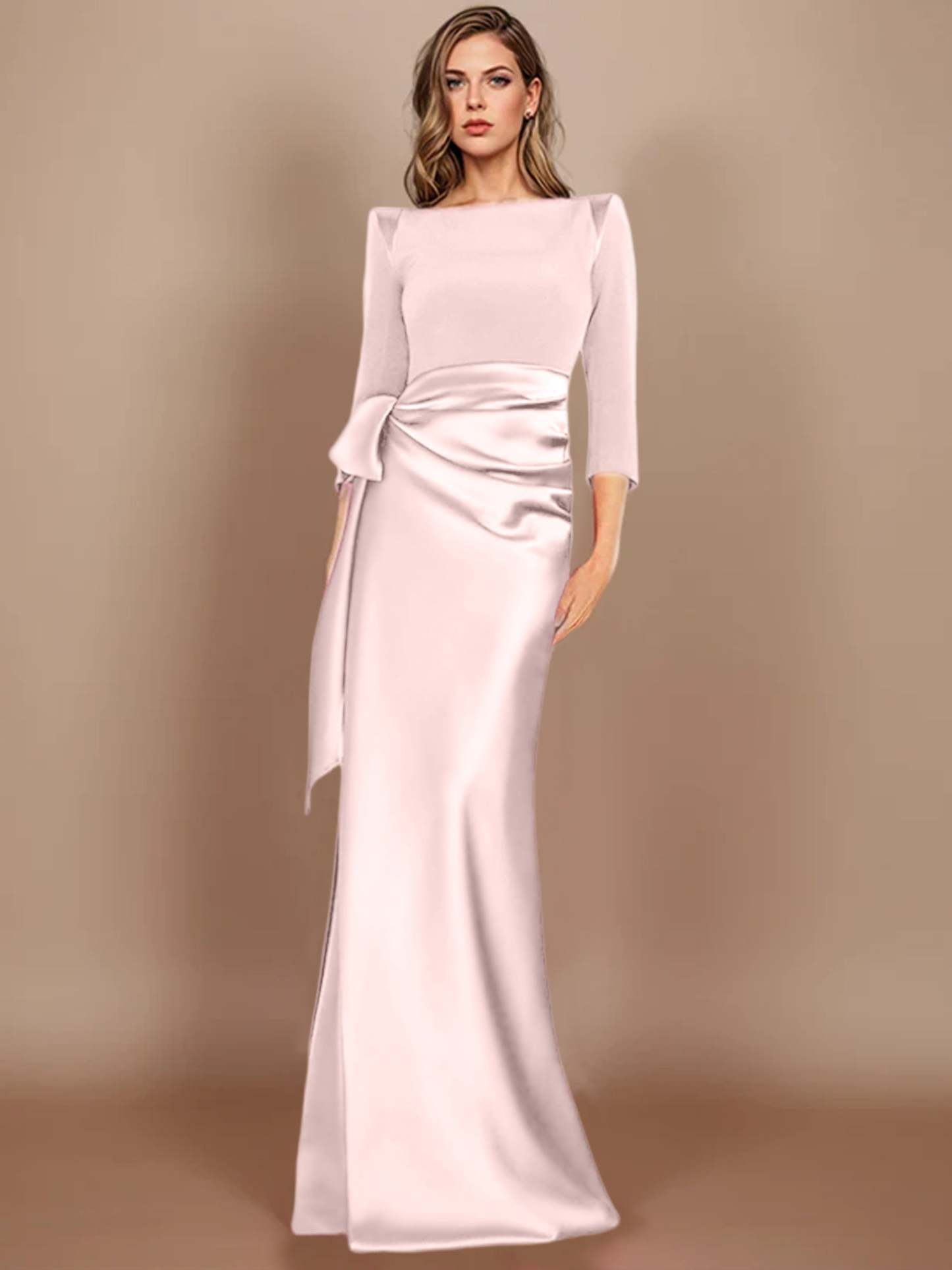 Floor-Length Mother of the Bride Dress with Bow and 3/4 Sleeves
