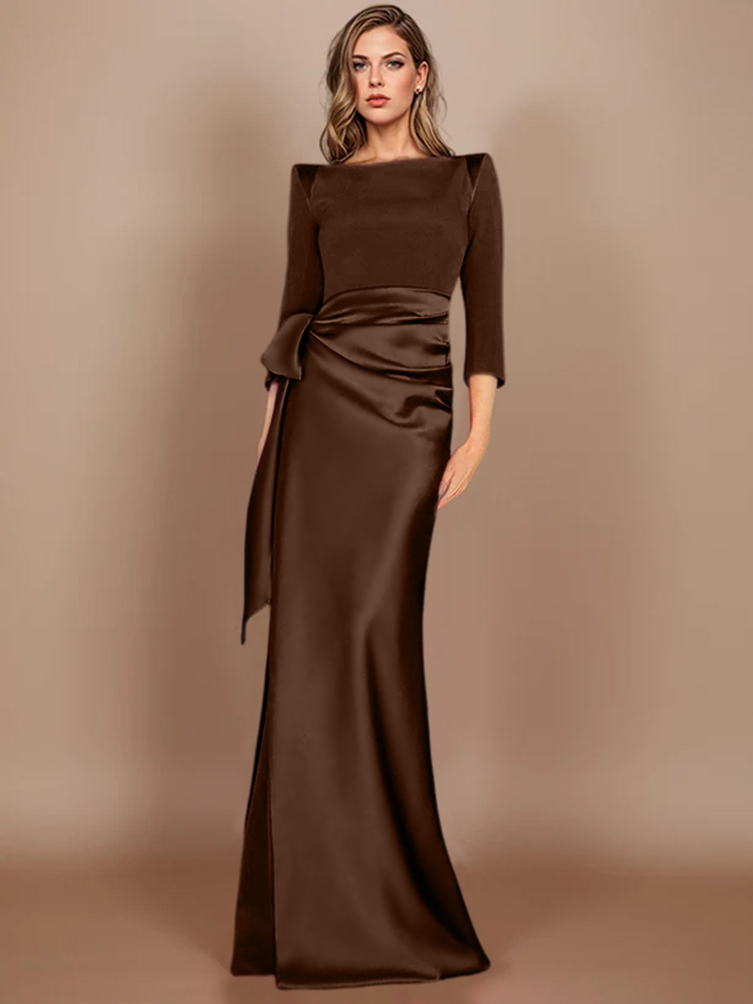 Floor-Length Mother of the Bride Dress with Bow and 3/4 Sleeves
