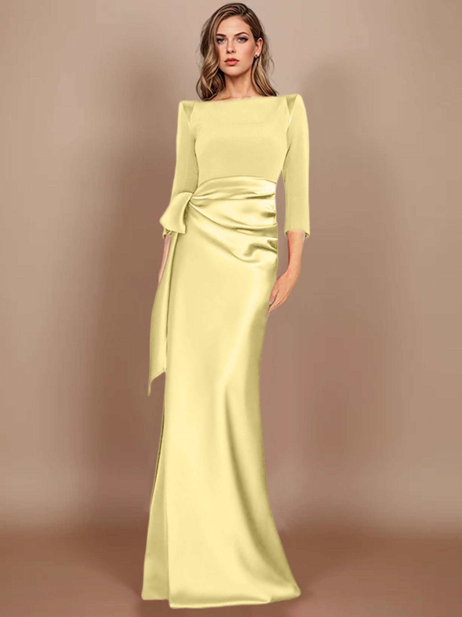 Floor-Length Mother of the Bride Dress with Bow and 3/4 Sleeves