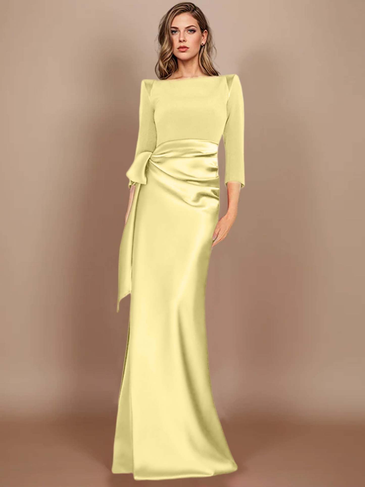 Floor-Length Mother of the Bride Dress with Bow and 3/4 Sleeves