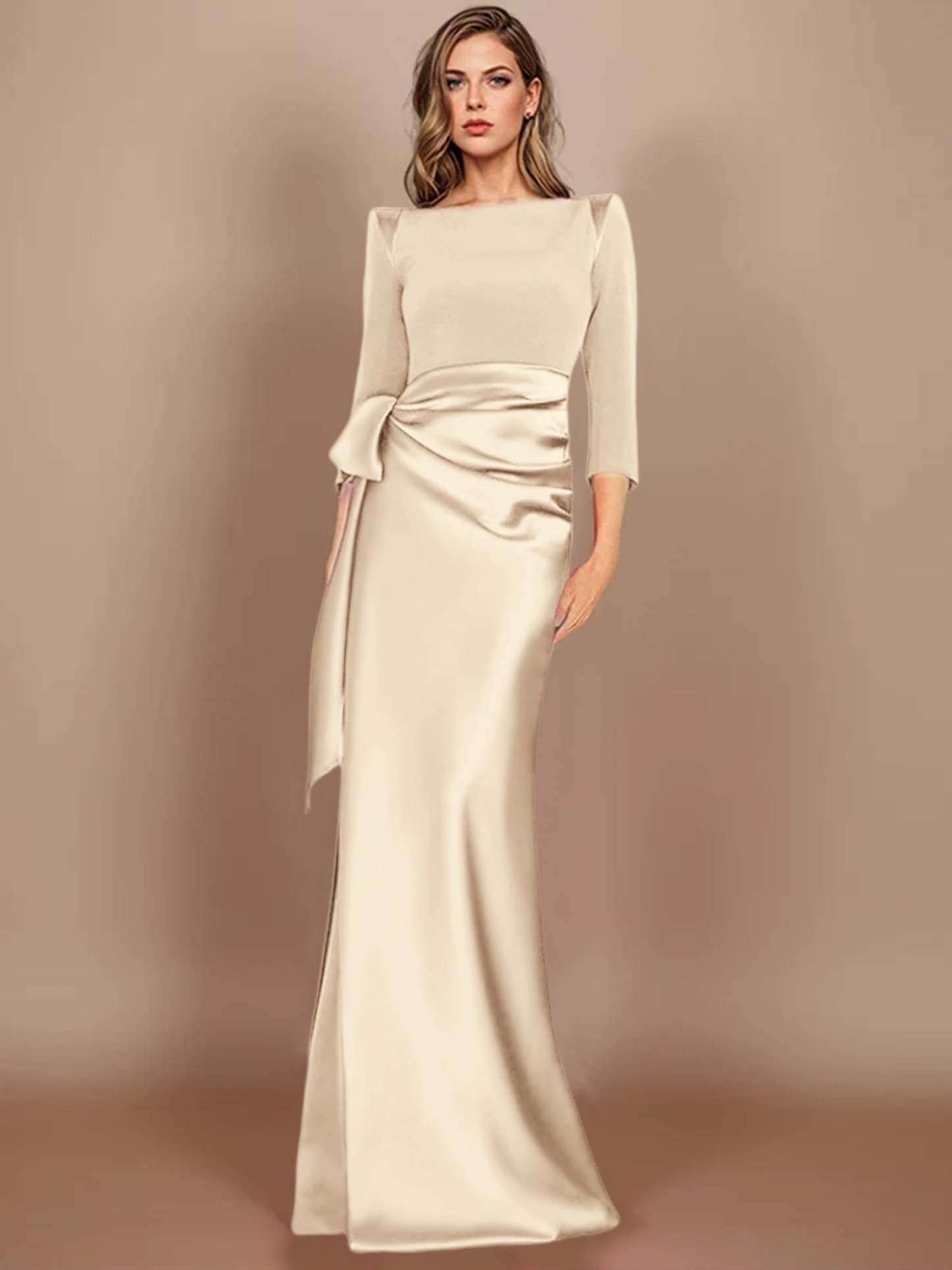 Floor-Length Mother of the Bride Dress with Bow and 3/4 Sleeves