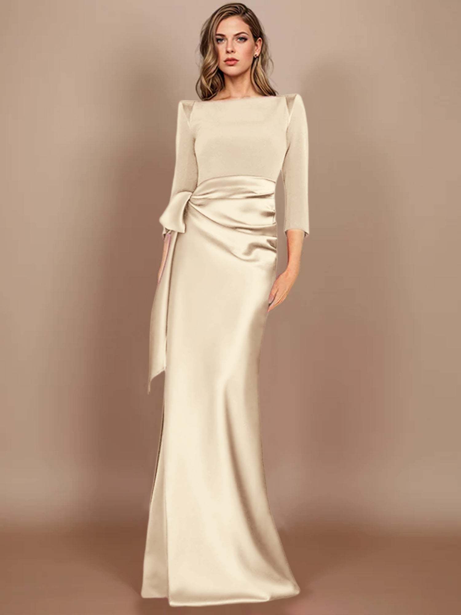 Floor-Length Mother of the Bride Dress with Bow and 3/4 Sleeves