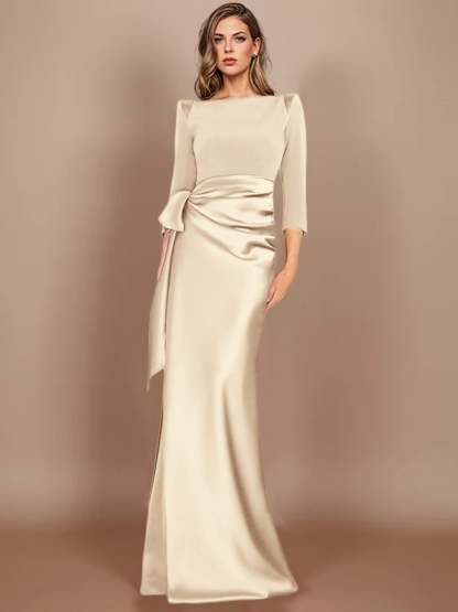 Floor-Length Mother of the Bride Dress with Bow and 3/4 Sleeves