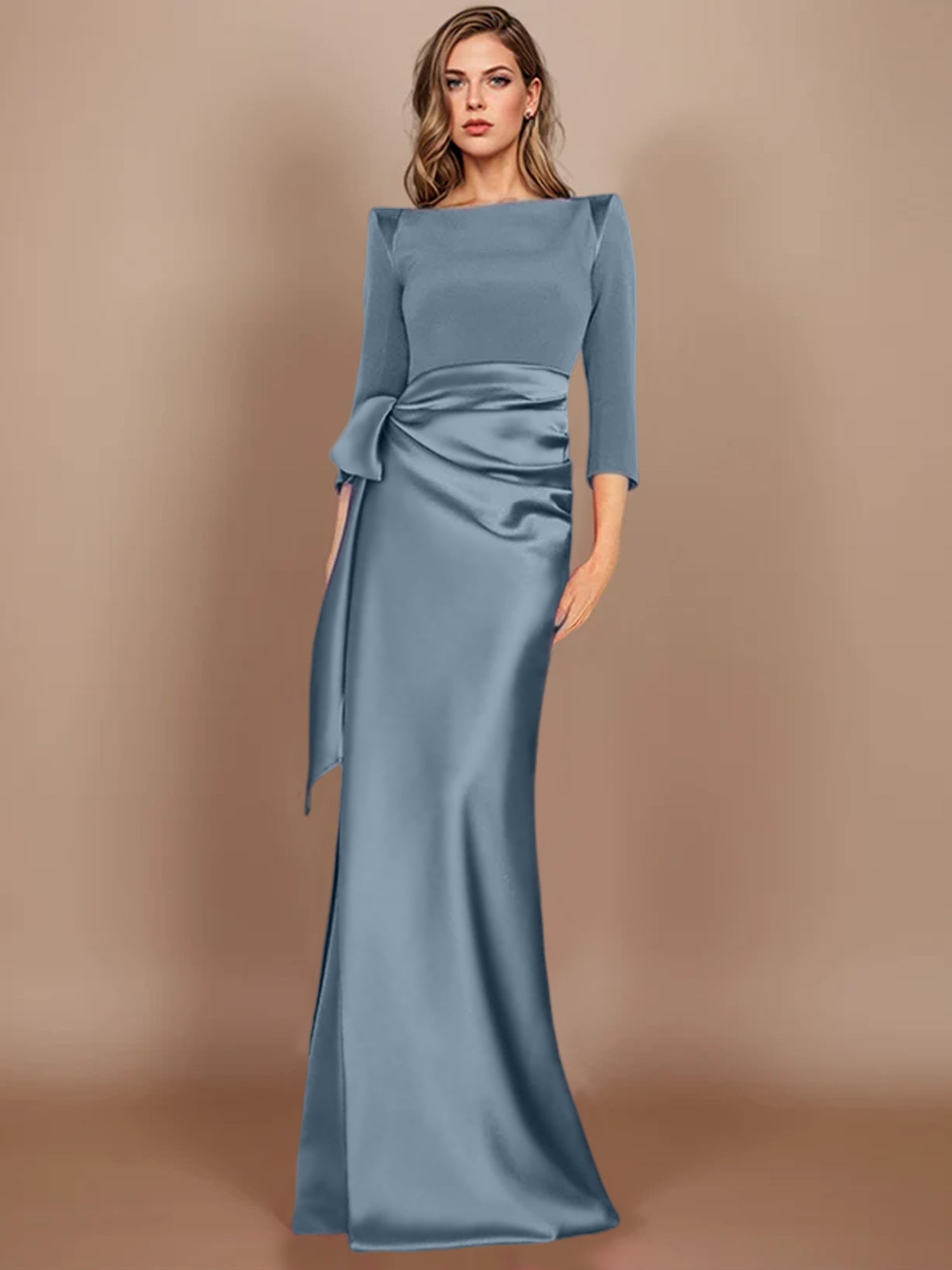 Floor-Length Mother of the Bride Dress with Bow and 3/4 Sleeves