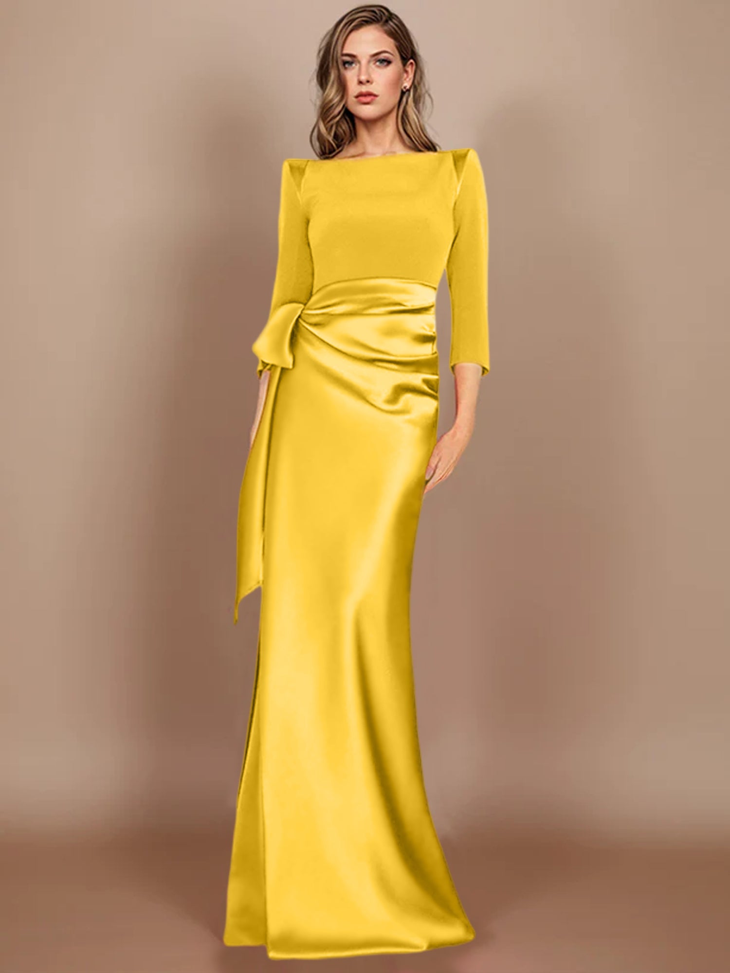 Floor-Length Mother of the Bride Dress with Bow and 3/4 Sleeves