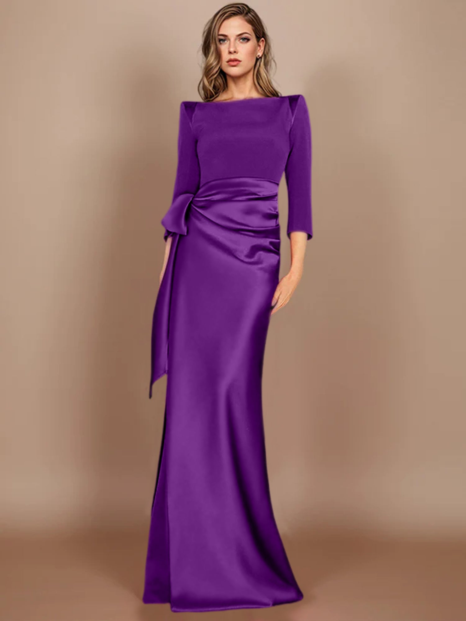 Floor-Length Mother of the Bride Dress with Bow and 3/4 Sleeves