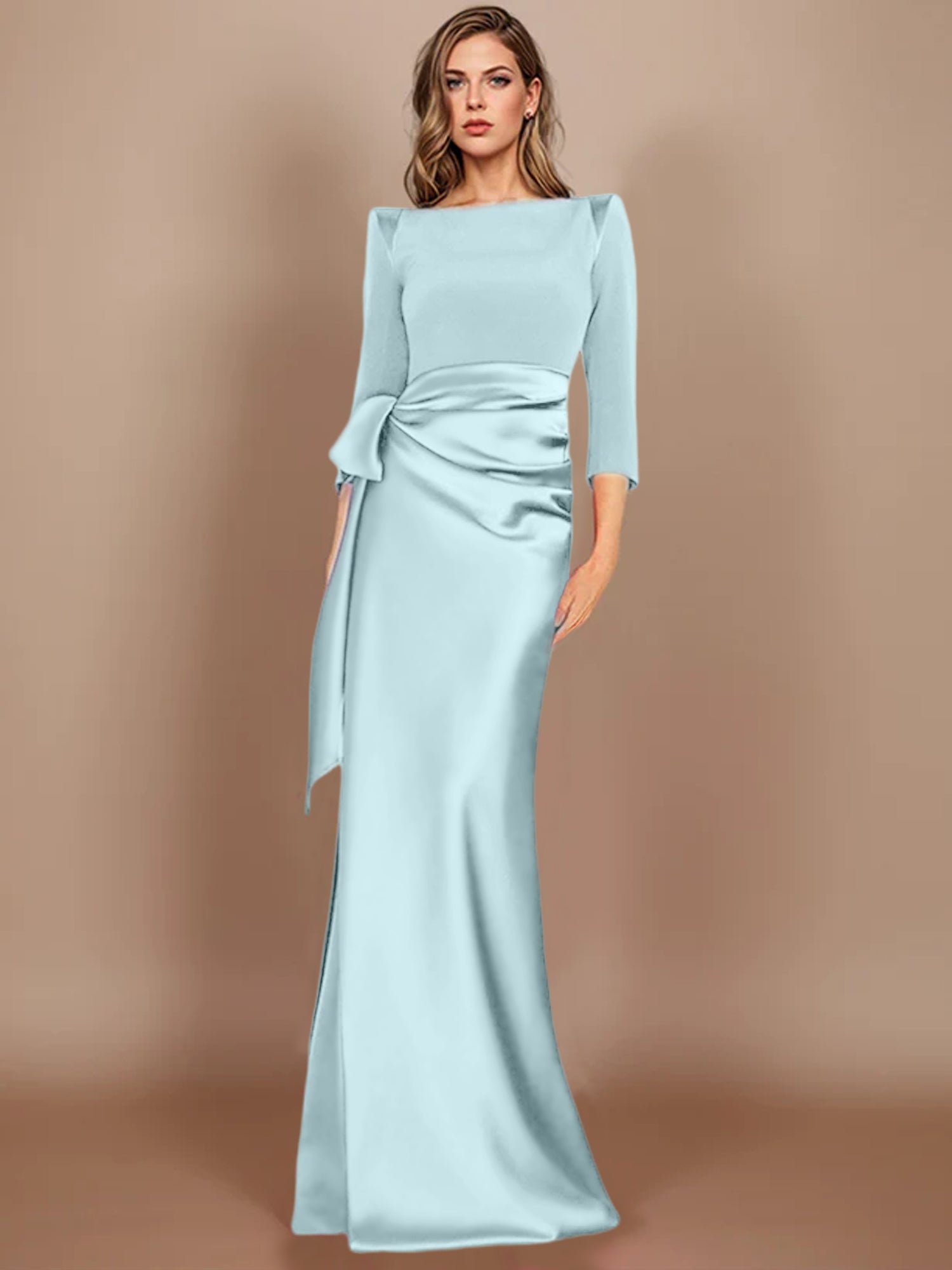 Floor-Length Mother of the Bride Dress with Bow and 3/4 Sleeves