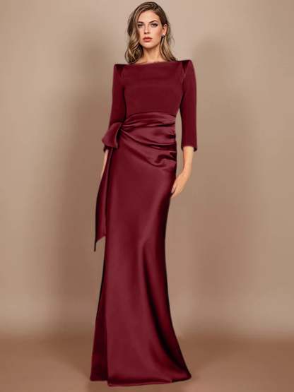 Floor-Length Mother of the Bride Dress with Bow and 3/4 Sleeves