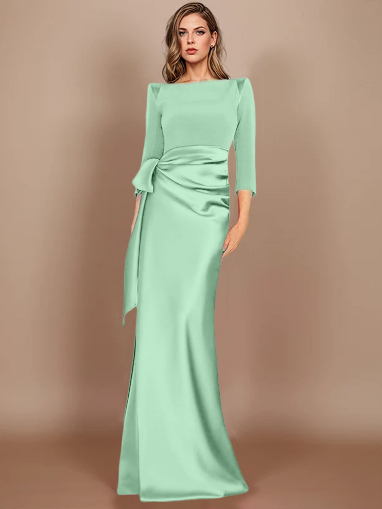Floor-Length Mother of the Bride Dress with Bow and 3/4 Sleeves