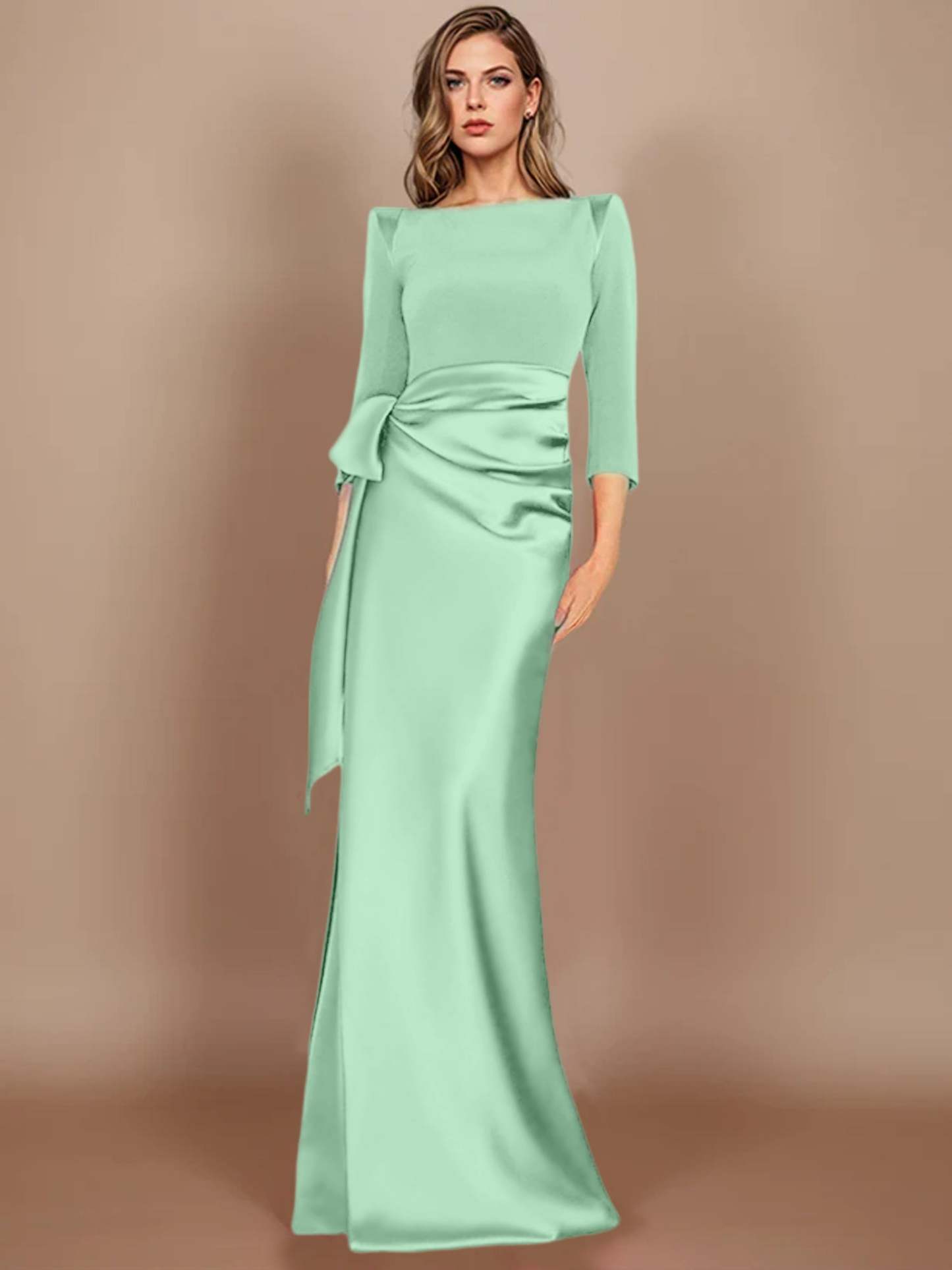 Floor-Length Mother of the Bride Dress with Bow and 3/4 Sleeves