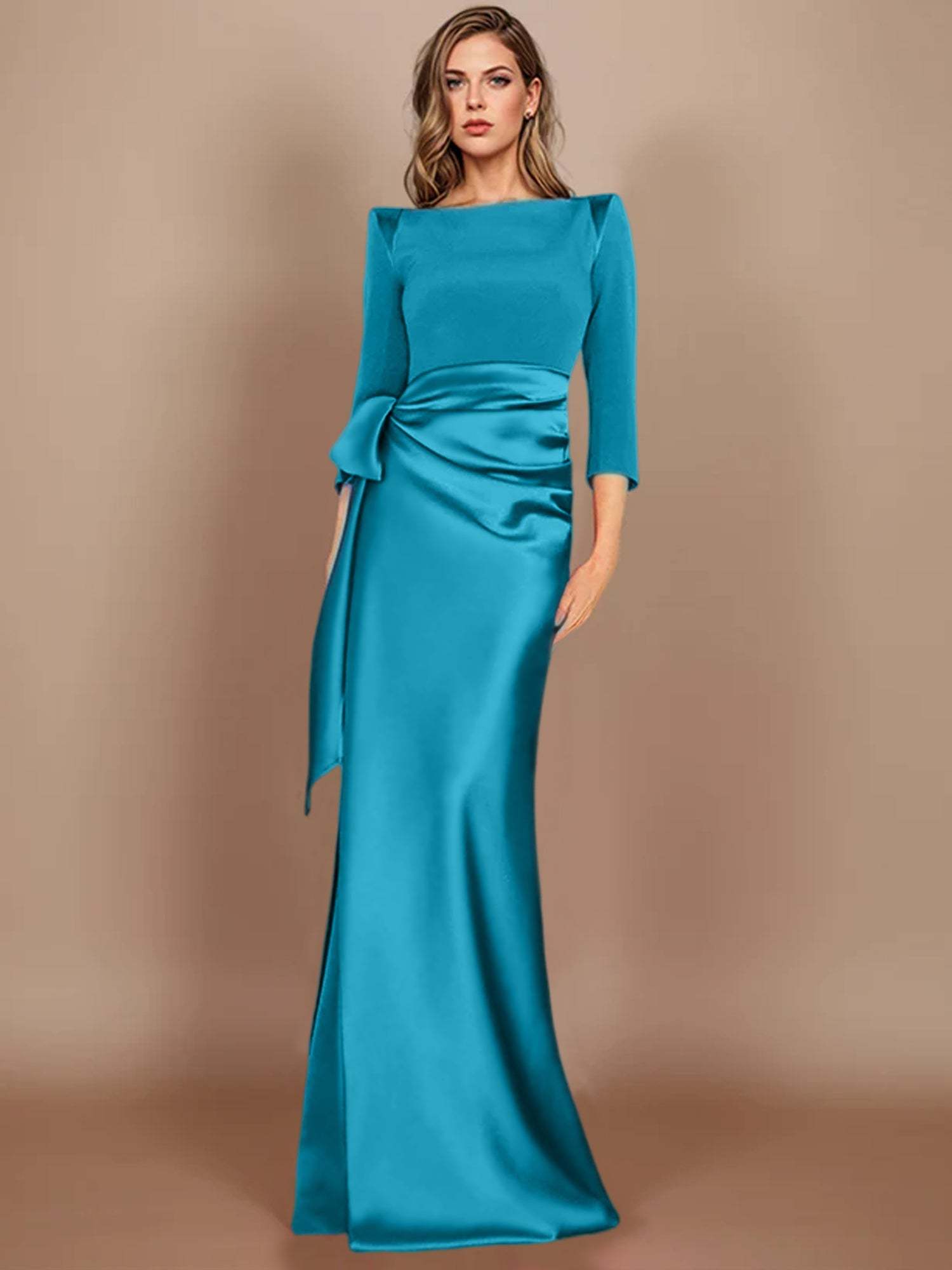 Floor-Length Mother of the Bride Dress with Bow and 3/4 Sleeves