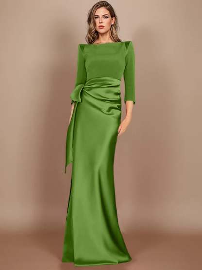 Floor-Length Mother of the Bride Dress with Bow and 3/4 Sleeves