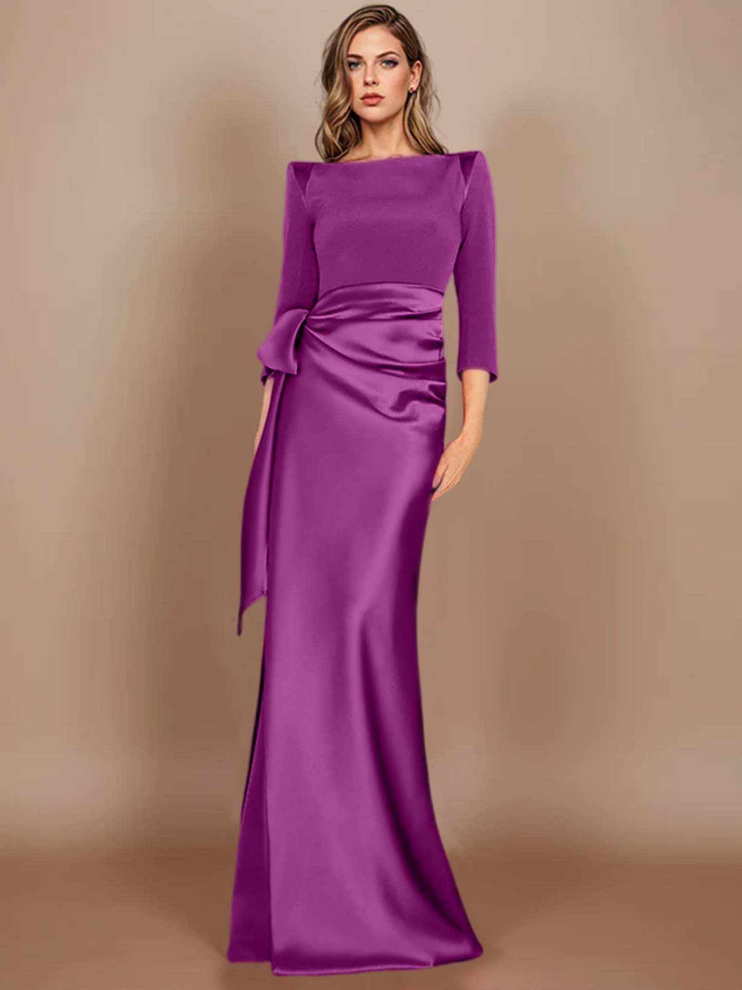 Floor-Length Mother of the Bride Dress with Bow and 3/4 Sleeves