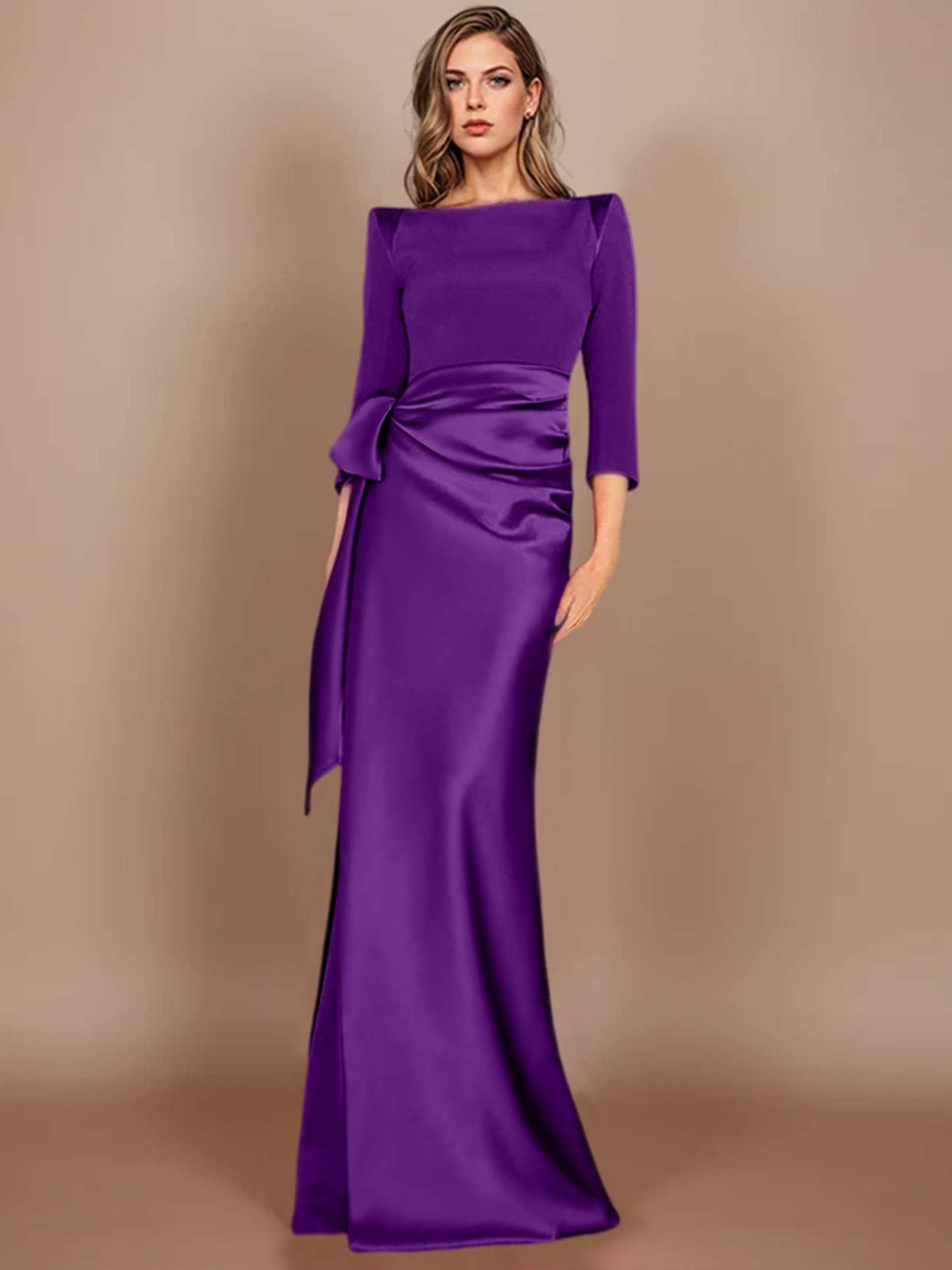 Floor-Length Mother of the Bride Dress with Bow and 3/4 Sleeves