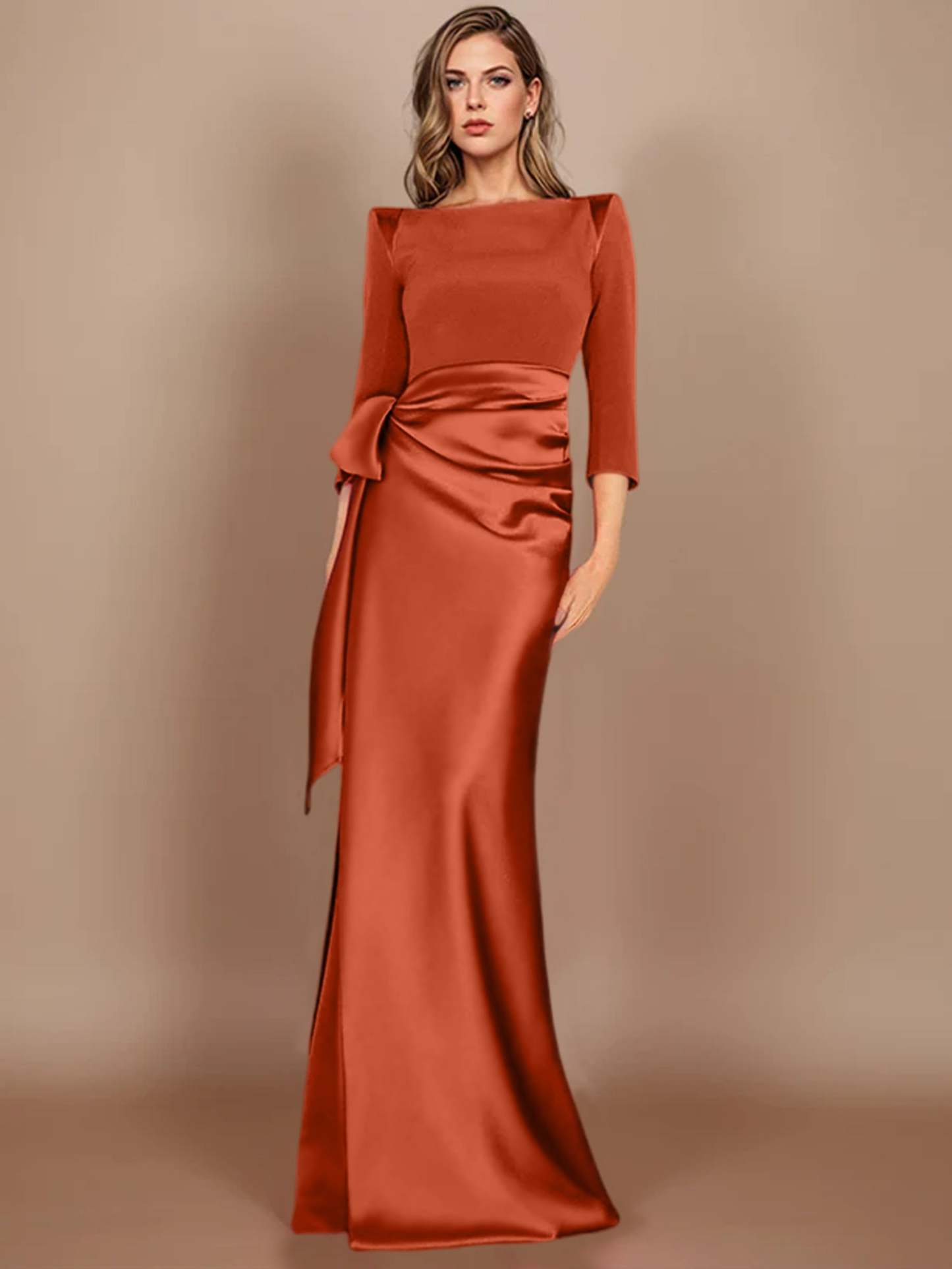 Floor-Length Mother of the Bride Dress with Bow and 3/4 Sleeves
