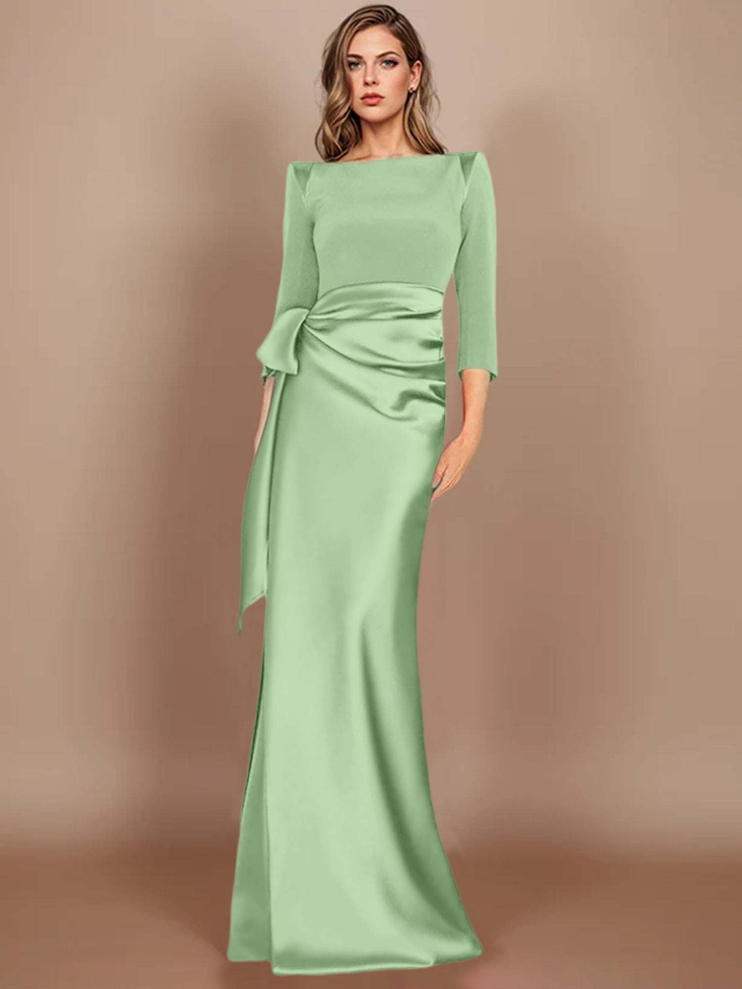 Floor-Length Mother of the Bride Dress with Bow and 3/4 Sleeves
